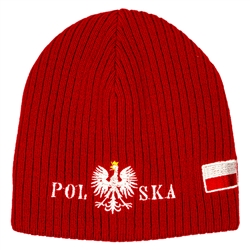 Display your Polish heritage! Red stretch ribbed-knit skull cap with the Polish Eagle between the word "Polska" (Poland). Easy care acrylic fabric. One size fits all. Made In Poland.