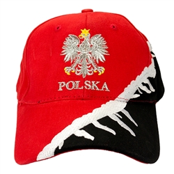Stylish black and red cap with silver thread embroidery.  The front of the cap features a silver Polish Eagle with gold crown and talons. Features an adjustable cloth and metal tab in the back.  Designed to fit most people.