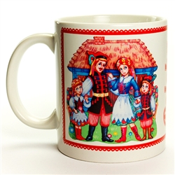 This attractive ceramic mug features families wearing the dress of two very popular Polish folk regions, Krakow and Lowicz. Dishwasher safe. Made In Poland.