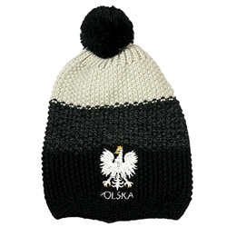 Display your Polish heritage!! Black and gray stretch ribbed-knit winter cap with the word Polska and an embroidered Polish Eagle.. Easy care acrylic fabric. Once size fits most. Made In Poland.