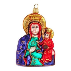 Today the shrine of Jasna Gora in Czesochowa continues to attract millions of visitors annually who honor its miraculous image. This charming Madonna with baby ornament is 4" tall and crafted of glass from Poland.