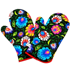 Colorful set (2) of decorative mitts featuring a Polish paper cut design on a black background.. 
Each mitt has a magnet in the cuff for hanging.  These mitts are more decorative than useful as they do not have
&#8203;effective insulating material.