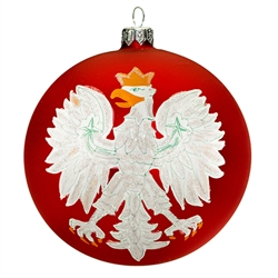 Celebrate your unique heritage with this distinctive ornament depicting Poland's national symbol. Artfully hand painted by skilled glass artisans in Poland, our distinctive 4.5" diameter ornament features a stylized white eagle with golden crown, beak and