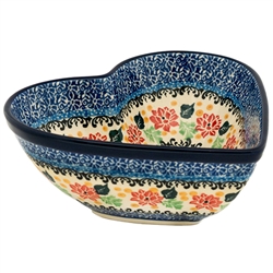 Polish Pottery 7" Heart Shaped Bowl. Hand made in Poland. Pattern U3983 designed by Teresa Liana.