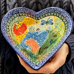 Polish Pottery 7" Heart Shaped Bowl. Hand made in Poland. Pattern U2021 designed by Teresa Liana.