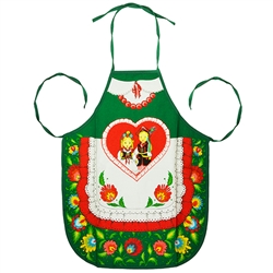 Colorful aprons featuring a pair of Krakow dancers surrounded by a Lowicz folk design. Large center pocket.  Selection of different colors. 100% cotton.