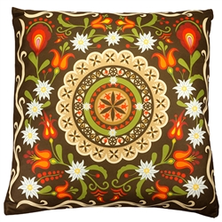 Beautiful stuffed folk design pillow. 100% polyester and made in Poland. Both sides of the pillow have a different design. Zipper on one side for convenient cleaning.