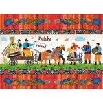 This beautiful note card features a scene of the bride and groom in their wedding carriage.  The scene is framed in colorful paper cut flowers from the Lowicz region of Poland. The mailing envelope features flowers in both the foreground and background.