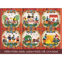 This beautiful note card features 6 Polish folk scenes. The scenes are framed in colorful paper cut flowers from the Lowicz region of Poland. The mailing envelope features flowers in both the foreground and background. Spectacular!