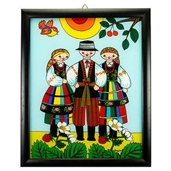 Painting on glass is a popular Polish form of folk art by which the artist paints a picture on the reverse side of a glass surface. This beautiful painting of this trio dressed in costumes from the Lowicz region is the work of artist Ewa Skrzypiec