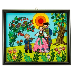 Painting on glass is a popular Polish form of folk art by which the artist paints a picture on the reverse side of a glass surface. This beautiful painting of a family from Nowy is the work of artist Ewa Skrzypiec from the town of Nowy Sacz in southeaster