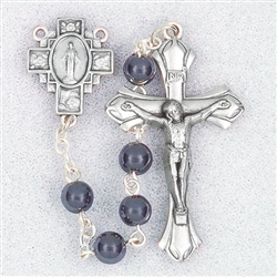Polish Art Center - 20" 6mm Genuine Hematite Stone Bead Handcrafted Rosary with Deluxe Silver Oxidized Crucifix and Center. It comes with a Deluxe Velvet Box