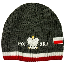Display your Polish heritage! grey stretch ribbed-knit skull cap, which features Poland's national symbol the crowned eagle. Easy care acrylic fabric. One size fits most. Imported from Poland.