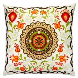 Beautiful stuffed folk design pillow. 100% polyester and made in Poland. Both sides of the pillow have a different design. Zipper on one side for convenient cleaning.