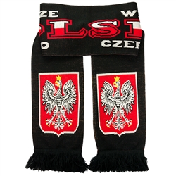 Display your Polish heritage!  Polska scarves are worn in Poland at all major sporting events.  Features Poland's national symbol the crowned white eagle bordered by the phrase  "Zawsze Wierni" - "Always Faithful" and "Bialo Czerwonym" - "White and Red".