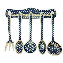 Collectors of Polish stoneware from Poland's premier company, Ceramika Artystyczna, will enjoy this unique set. Includes wall mounted rack (2 holes for mounting) and utensils as pictured. Note one spoon is slotted and one ladle strainer (with holes)