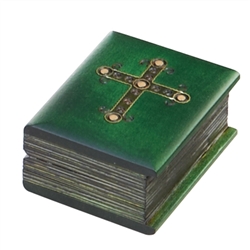 This box is made to look like a book with a cross adorning the cover. A rich, green finish and brass inlays complete the piece. Interior is the perfect size to hold an average size rosary. Handmade in the Tatra Mountain region of Poland.