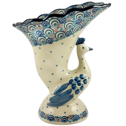 Polish Pottery 8" Peacock Vase. Hand made in Poland and artist initialed.