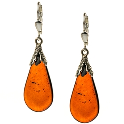 Cherry amber drop tear earrings with European lever back fittings. Amber is soft, only slightly harder than talc, and should be treated with care.