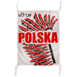 The flag with the inscription "POLSKA" is a great way to display your Polish heritage. Superimposed over the historic symbol of the elite Polish heavy cavalry, the Husars. Unique design and high quality.