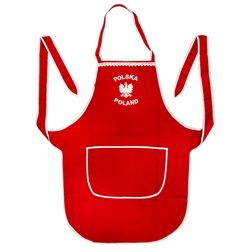 A perfect gift for that special "Pole"! A red and white kitchen apron with the words: "Polska Poland" and the Polish Eagle embroidered on the front panel. Feature a large double panel pocket.  Great for indoor use or that summer barbecue.