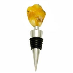 Modern design chrome-plated wine stopper with a large chunk of semi-polished natural amber at the top. Soft-rubber segmented gasket ensures a tight seal in the neck of the bottle.  We have several of these in stock and each amber piece is a little differe