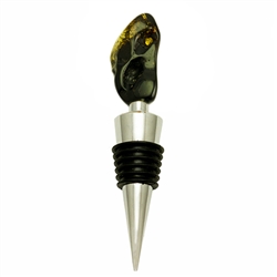 Modern design chrome-plated wine stopper with a large chunk of semi-polished natural amber at the top. Soft-rubber segmented gasket ensures a tight seal in the neck of the bottle.  We have several of these in stock and each amber piece is a little differe