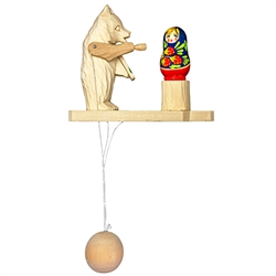 Wooden spin toy from Russia that will bring smiles to all who try it! This bear is painting a matryoshka doll. A perfect example of an old fashioned action toy. Hand made and painted. Traditionally made by parents and grandparents for their children that