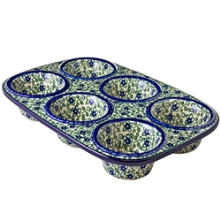 Polish Pottery 11.5" Muffin Pan. Hand made in Poland and artist initialed.