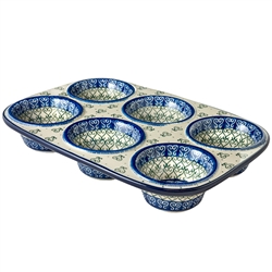 Polish Pottery 11.5" Muffin Pan. Hand made in Poland and artist initialed.