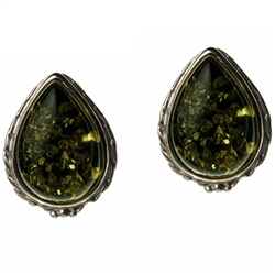 Artistic tear drop shaped silver earrings with a center of green colored amber. Size approx .6" x .5".