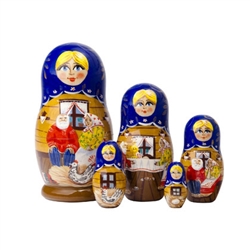 The Spotted Hen nesting Doll tells a Russian fairytale about a poor and old peasant couple whose hen lays a golden egg.  What should they do with it?  This colorful matryoshka nesting doll comes with the story booklet so you can find out what happens.