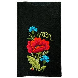 Soft black felt sewn case with hand embroidered Lowicz flowers on one side. Beautiful and functional. . Designed to fit Smart phones.
Size - 4" x 7" - 10cm x 17.5cm - Interior size 3.75" x 6.75" - 9.5cm x 17cm.