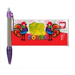 Enjoy this colorful ball point pen! Perfect for gifts. Features a pull out banner with a Polish paper cut design.