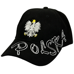 Stylish black cap with silver, gold and white thread embroidery. The front of the cap features a silver Polish Eagle with gold crown and talons. Features an adjustable cloth and metal tab in the back. Designed to fit most people.