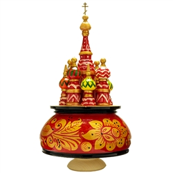 This beautiful music box made in the shape of Saint Basil's Cathedral is constructed of seasoned Linden wood. Hand Painted. Winding the cathedral clockwise plays the popular Russian melody, "Midnight In Moscow".