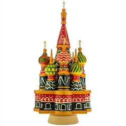 This beautiful music box made in the shape of Saint Basil's Cathedral is constructed of seasoned Linden wood. Winding the cathedral clockwise plays the popular Russian melody, "Midnight In Moscow".