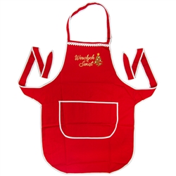 Just what every Polish chef needs: A vibrant red kitchen apron, with the words Wesolych Swiat (Happy Holidays) embroidered in gold on the front panel next to a green Christmas tree. Nice Christmas gift for a Polish friend or family member.