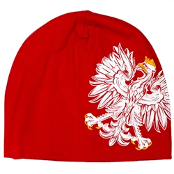 Display your Polish heritage! Red stretch skull cap with a large offset Polish Eagle.. Easy care polyester fabric. One size fits most. Imported from Poland.