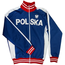 This comfortable lightweight and stylish zip up jacket in blue-as a main color- also has white and red stripes in the collar and sleeves. It features The Crowned White Eagle