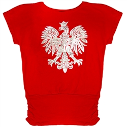 Blouson style red t-shirt with a large metallic silver and white Polish eagle applique. Drop sleeves and side ruching at the bottom 7".