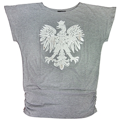 Attractive grey t-shirt with a large reflective silver and white Polish eagle applique with a ruching base (7" long).  90% cotton 10% polyester.