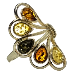 Artistic 5 stone amber and sterling silver ring.  Size approx 1.25" x .75".
