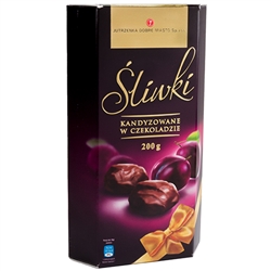 A Polish specialty. Deluxe candied dried plums (prunes) in dark chocolate. 30% cocoa minimum.
