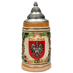 This is a very handsome stein! What a great gift for any occasion! The Polish Eagle is proudly displayed in a crest with POLSKA (POLAND) in gold letters. This beautiful stein is hand made and painted. Approx 6" tall.
