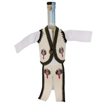 Hand sewn bottle cover of a Polish mountaineer's costume. Trim around the sleeves is black and green around the jacket border. The cover is designed to fit half liter and 750ml liquor bottles.
Bottle not included. Made In Poland