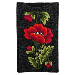 Soft black felt sewn case with Lowicz style embroidered flowers on one side.