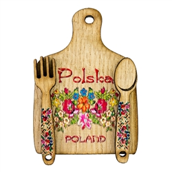 Great kitchen magnet made of wood featuring a traditional Lowicz paper cut design. Size approx 2" x 2.75".  Made In Poland.