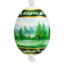 This beautiful hand painted duck egg comes ready to hang. The eggs have been emptied and strung through with ribbon for hanging. No two eggs are exactly alike and ribbon colors vary as well.