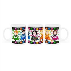 Colorful ceramic mug featuring 5 Polish folk girls. Made in Poland.